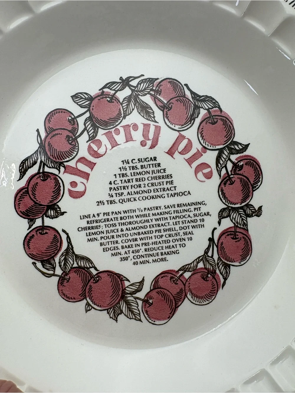 Vintage Cherry Pie Recipe Dish in Cream with Red Cherry Design - 11” Diameter